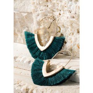 Hammered Metal - Fan Tassel - Drop Earrings - Green